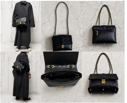 【2026/9月MUL展示会】【予約】MUL211-286　ロックラインフラップショルダーバッグ　　ブラック　キルティング型押し　　(20260912)