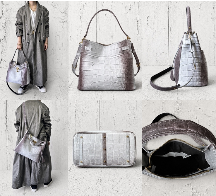 【2026/9月MUL展示会】【予約】MUL225-287B　ワンハンドル２WAYトートバッグM　　ホワイトヌバックブラウン汚し加工　クロコダイル型押し　　(20260912)