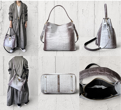 【2026/9月MUL展示会】【予約】MUL225-287B　ワンハンドル２WAYトートバッグM　　ホワイトヌバックブラウン汚し加工　クロコダイル型押し　　(20260912)
